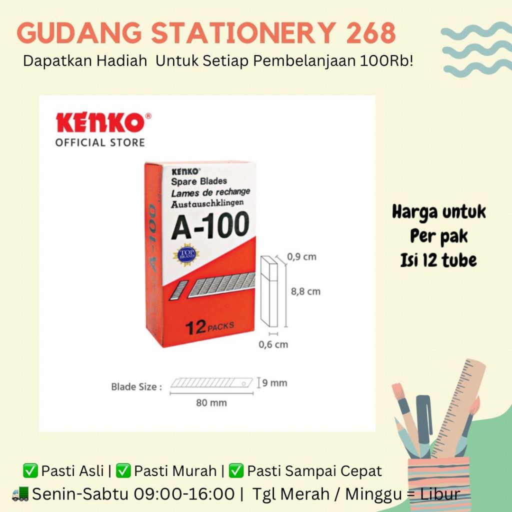 

Isi Cutter A-100 Kenko / Refill Isi Cutter Kenko A-100 / Isi Kater A-100 Kecil Kenko (PAK 12 TUBE)