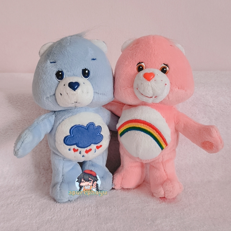 Boneka Care Bears Retro 2002 Grumpy Bear Blue Rainy Day and Cheer Bear Pink Rainbow Cuddle Pairs Plu