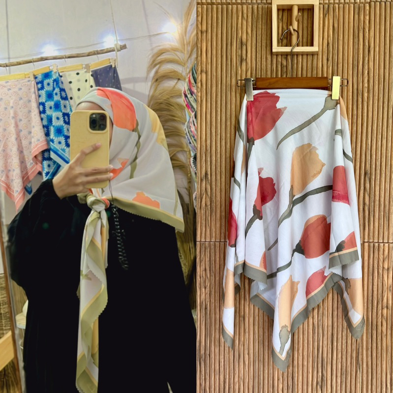 HIJAB VOAL MOTIF TULIP KUNING OREN/HIJAB MOTIF BUNGA KUPU TERBARU BL21