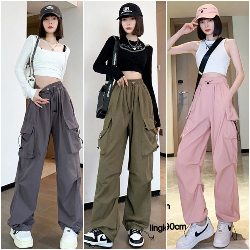 TATAOS BANGKOK JIHAN CARGO PANTS CELANA KULOT HIGHWAIST SAKU SAMPING TAG LABEL COTTON LINEN IMPORT