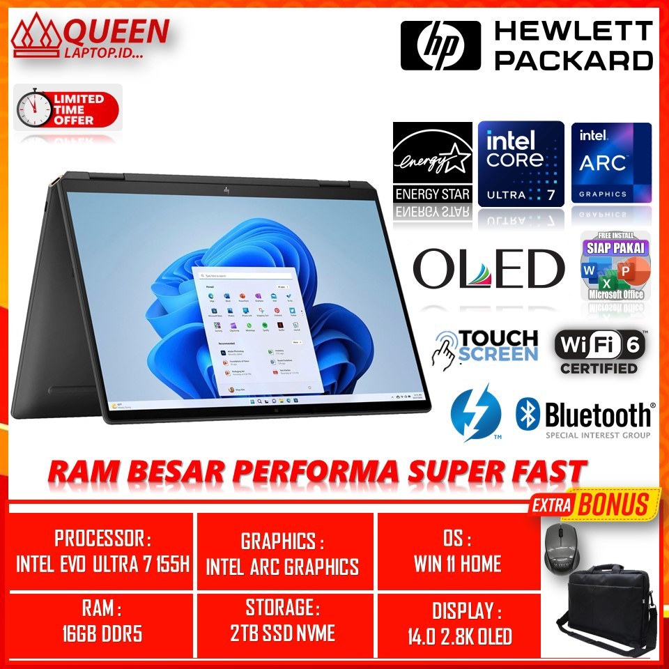 LAPTOP 2IN1 TOUCHSCREEN HP SPECTRE X360 14 OLED INTEL EVO ULTRA 7 155H RAM 16GB DDR5 SSD 2TB NVME
