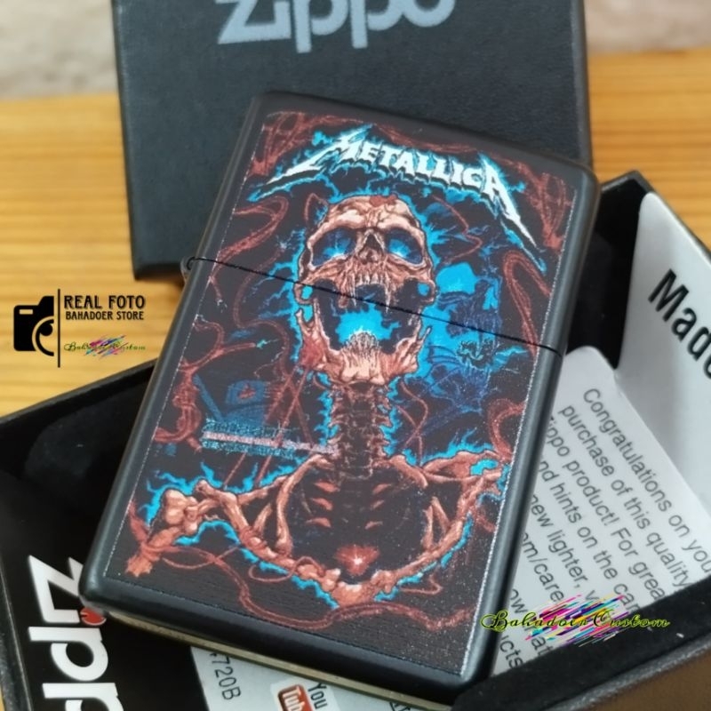 HADIAH SOUVERNIR KOREK API ZIPPO BLACK MATTE CUSTOM UV PRINTING METALLICA SKULL DESIGN BISA BEBAS RE