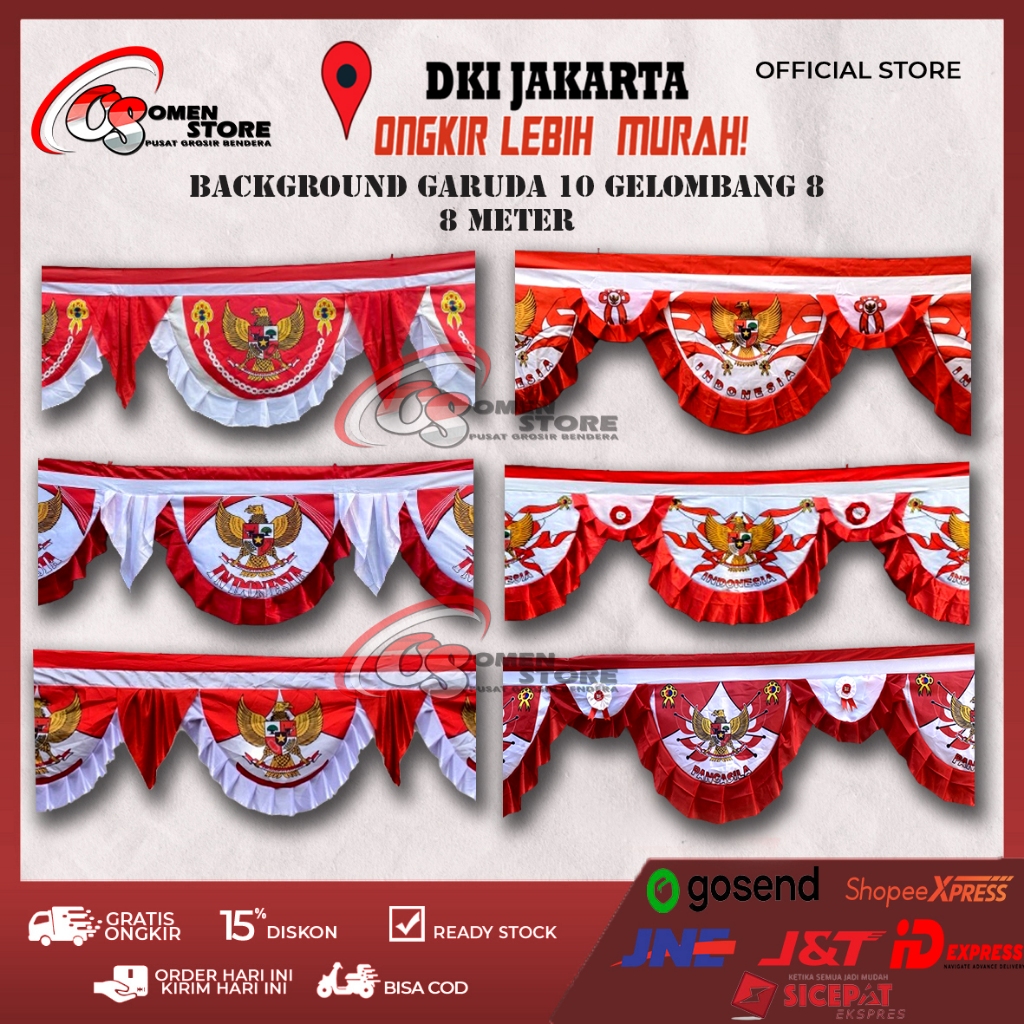 Background Garuda Merah Putih 10 Gelombang Panjang 8 Meter Kain Veles dan Satin Abutai