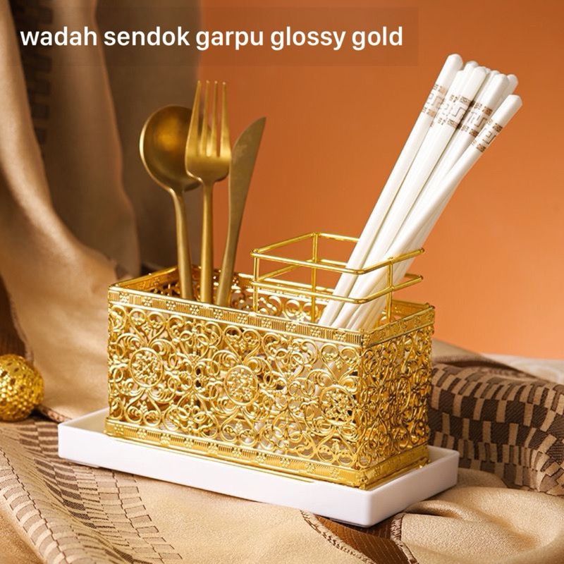 Tempat Sendok Garpu SS304 Meja Gold.Wadah sendok garpu ukiran glossy gold