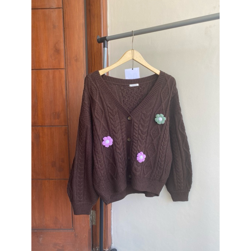 cable knit cardigan - cardigan rajut kepang lengan balon -cardigan kepang crop balon