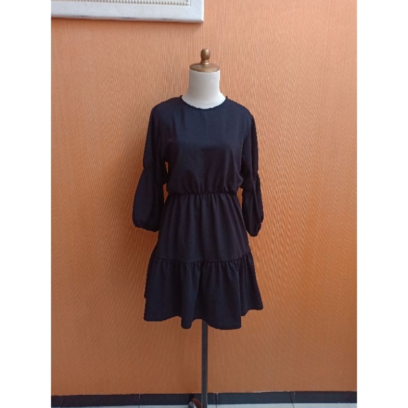 mini midi dress wanita hitam pekat M cewek L lengan balon cute pinggang karet
