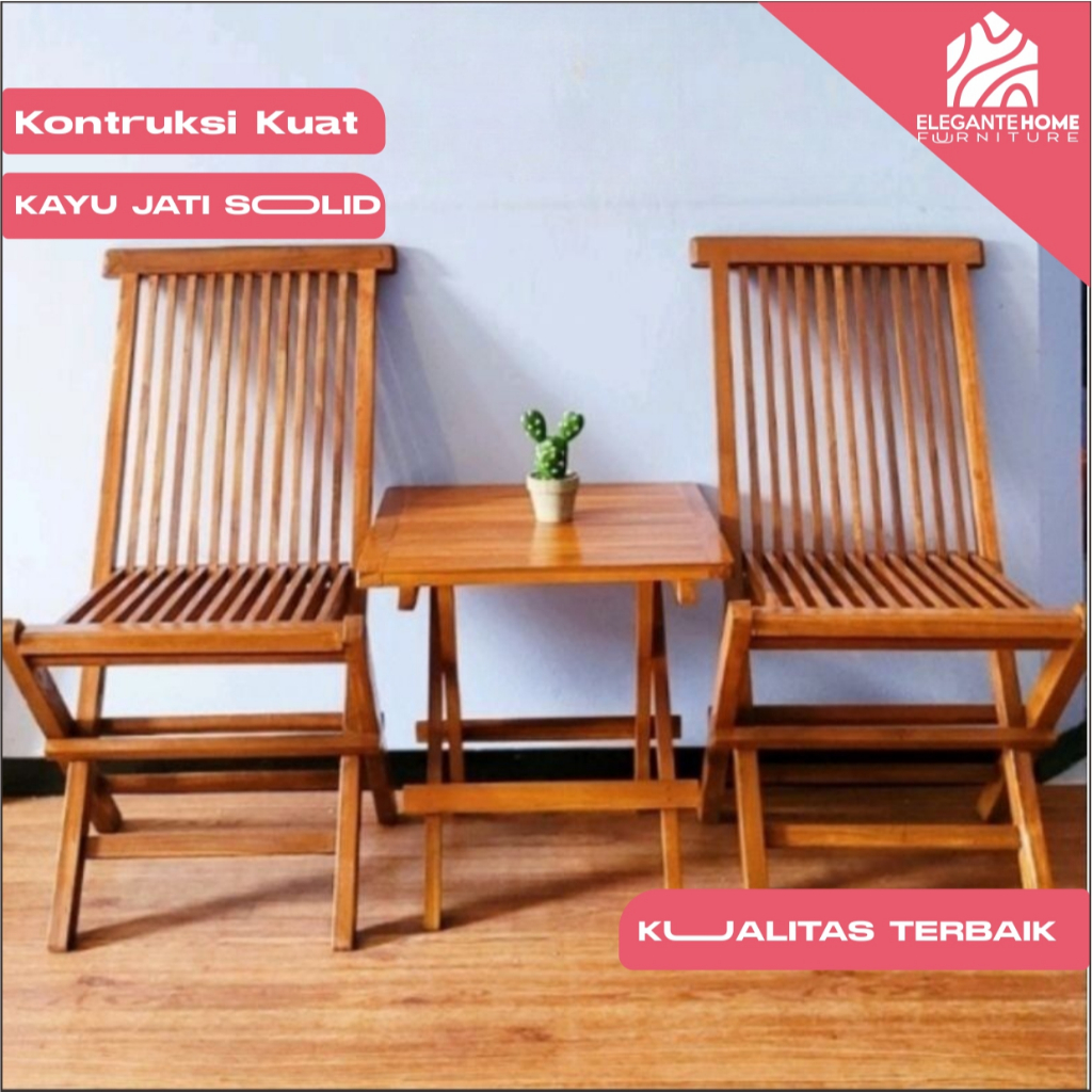 kursi teras kayu lipat 1 set , (2 kursi 1 meja piknik) jati asli jepara kuat kokoh kursi cafe/pantai
