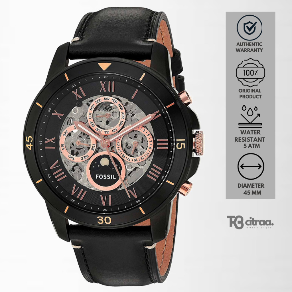 jam tangan fossil automatic pria grant sport analog strap kulit cowok hitam black leather sporty wat
