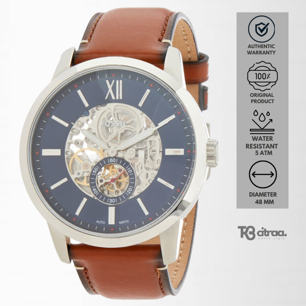 jam tangan pria Fossil Townsman analog strap kulit cowok Automatic Men Blue Skeleton Dial Light Brow