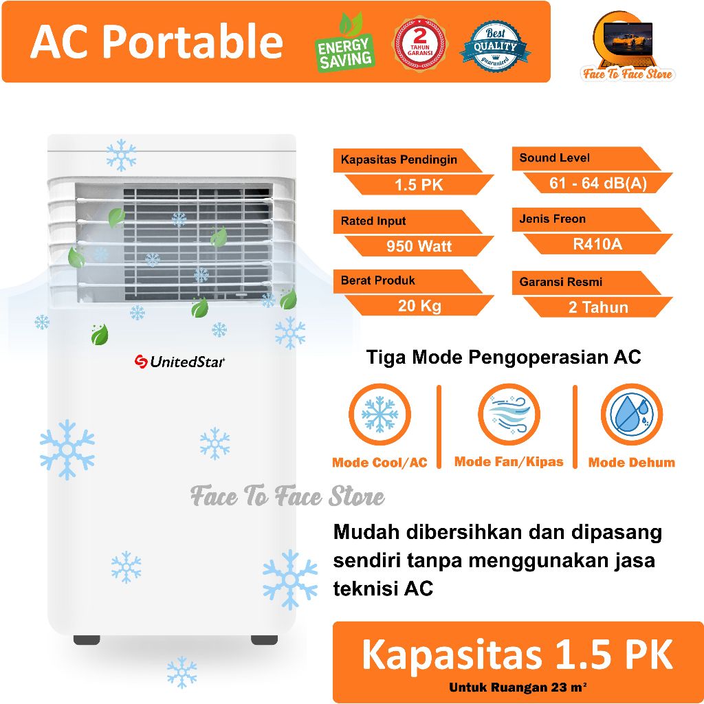 AC Portable Ruangan 1.5PK.Low Watt.UnitedStar.Terbaru.Garansi.Pendinginan Cepat.Ac Mini Portable.AC 