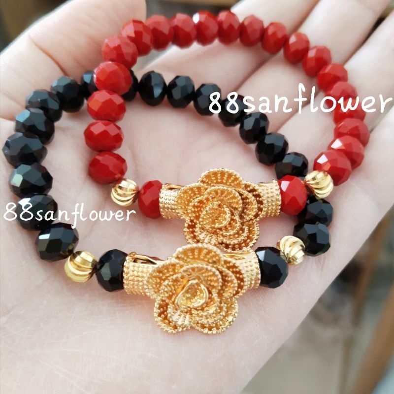 Gelang Kristal Charm Mawar Emas Pipa - Perhiasan Lapis Emas