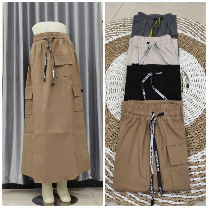 Rok Panjang A line Polos Model Cargo Bahan Katun Twill Tebal street