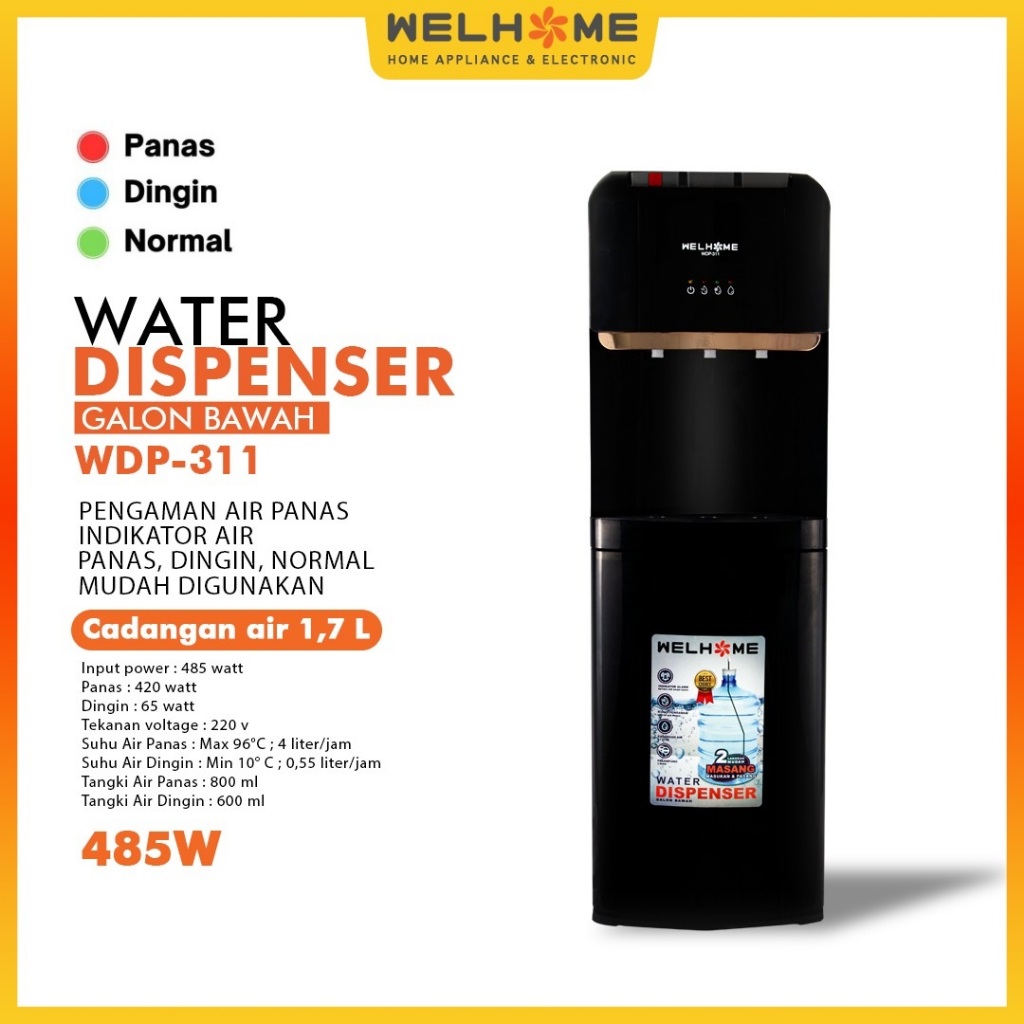 Dispenser Welhome Galon Bawah fungsi Panas, Dingin , Normal Dispenser Welhome WDP-311 Dispenser Pana
