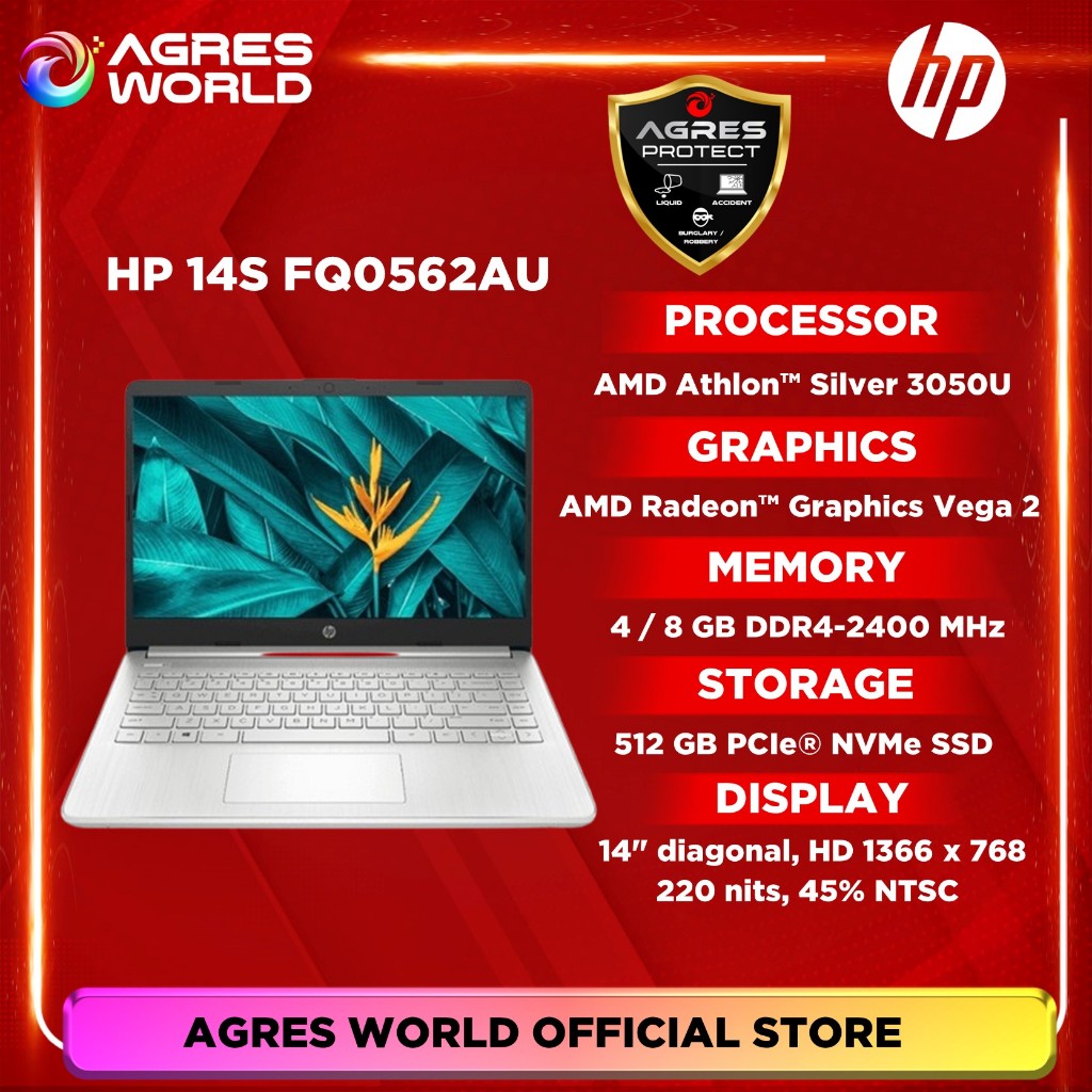 LAPTOP HP 14S FQ0562AU ATHLON SILVER 3050 RAM 8GB 512SSD/1TBSSD VEGA2 W11+OHS 14.0 BLIT
