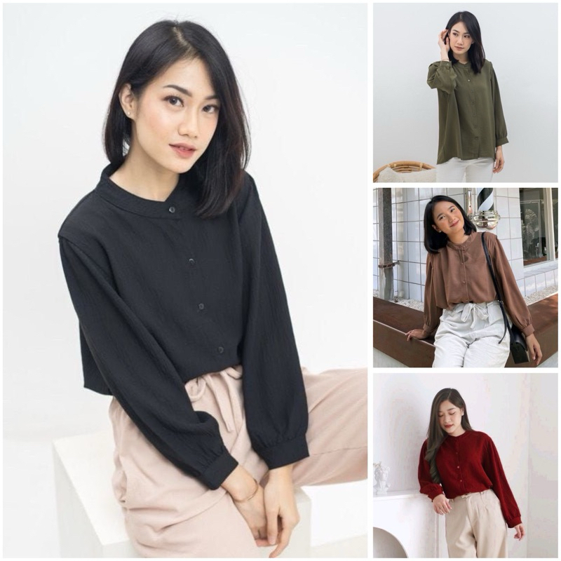 Blouse Polos Wanita Korean Style Blus Crinkle Import. Atasan Wanita Krinkle kerah Sanghai Vivi