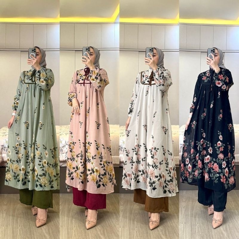 NEW SET LONG TUNIK ANISA VIRAL SET MIDI DRESS TERLARIS SETELAN TUNIK CERUTY KEKINIAN