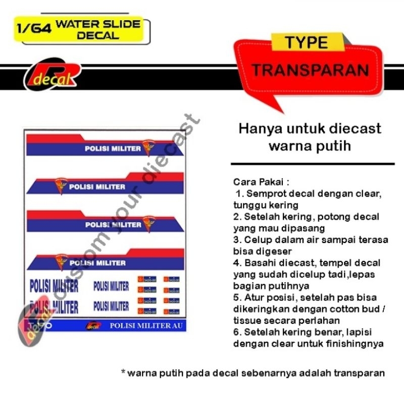T170 Decal Hotwheels Transparan 1/64 Polisi Militer AU