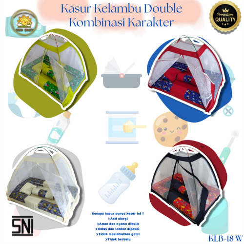 Kasur Bayi Kotak + Kelambu Sudah Lengkap Dengan Bantal dan Guling - Bahan Twil Motif Polkadot dan Ka