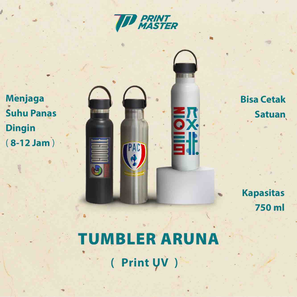 Tumbler Aruna 750ml stainless Cetak Custom UV Full Color Nama/Tulisan/Logo/Sovenir Promosi