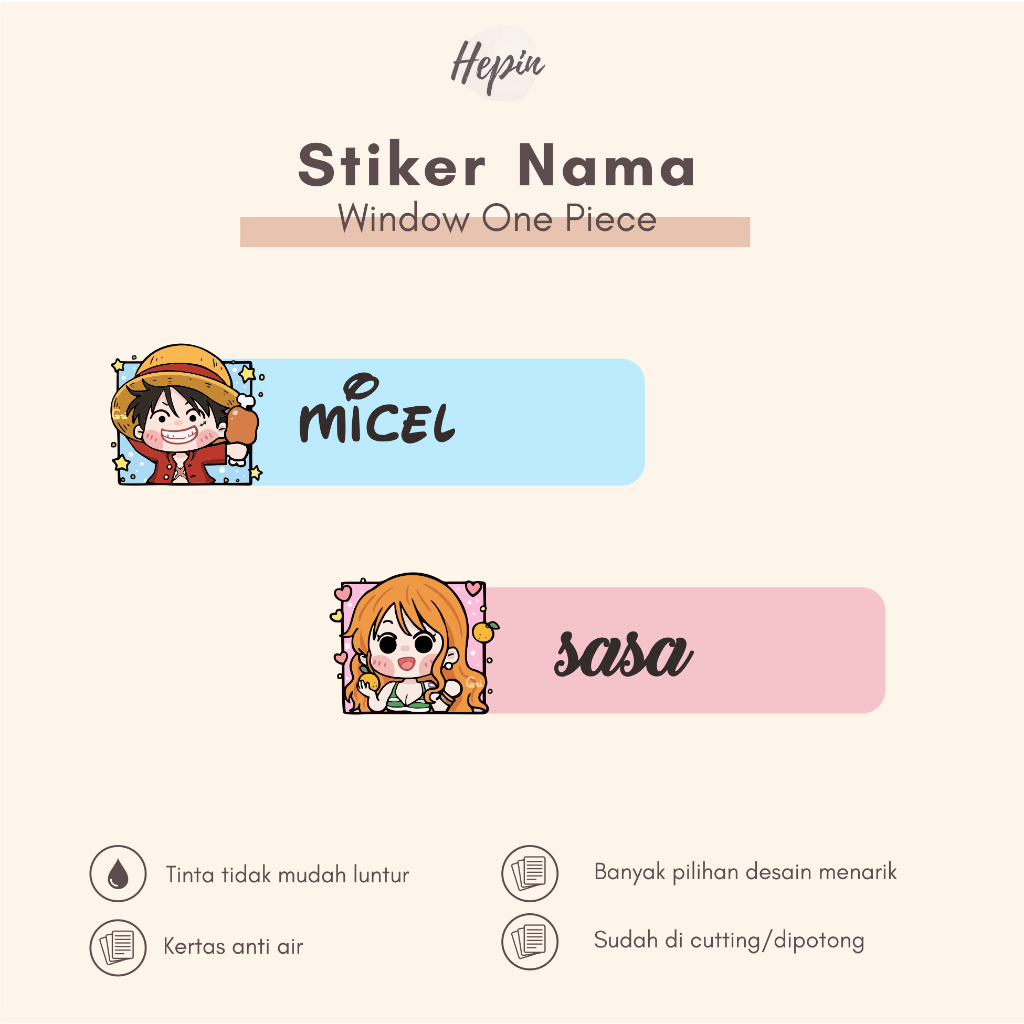 

(90 - 120 pcs) label nama Lucu Window Anime ONE PIECE / Stiker Nama Anak Murah / Label Nama Custom/cutting stiker nama anda