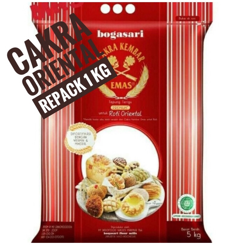 

Tepung Terigu Cakra Kembar Emas Roti Oriental Bogasari repack 1kg