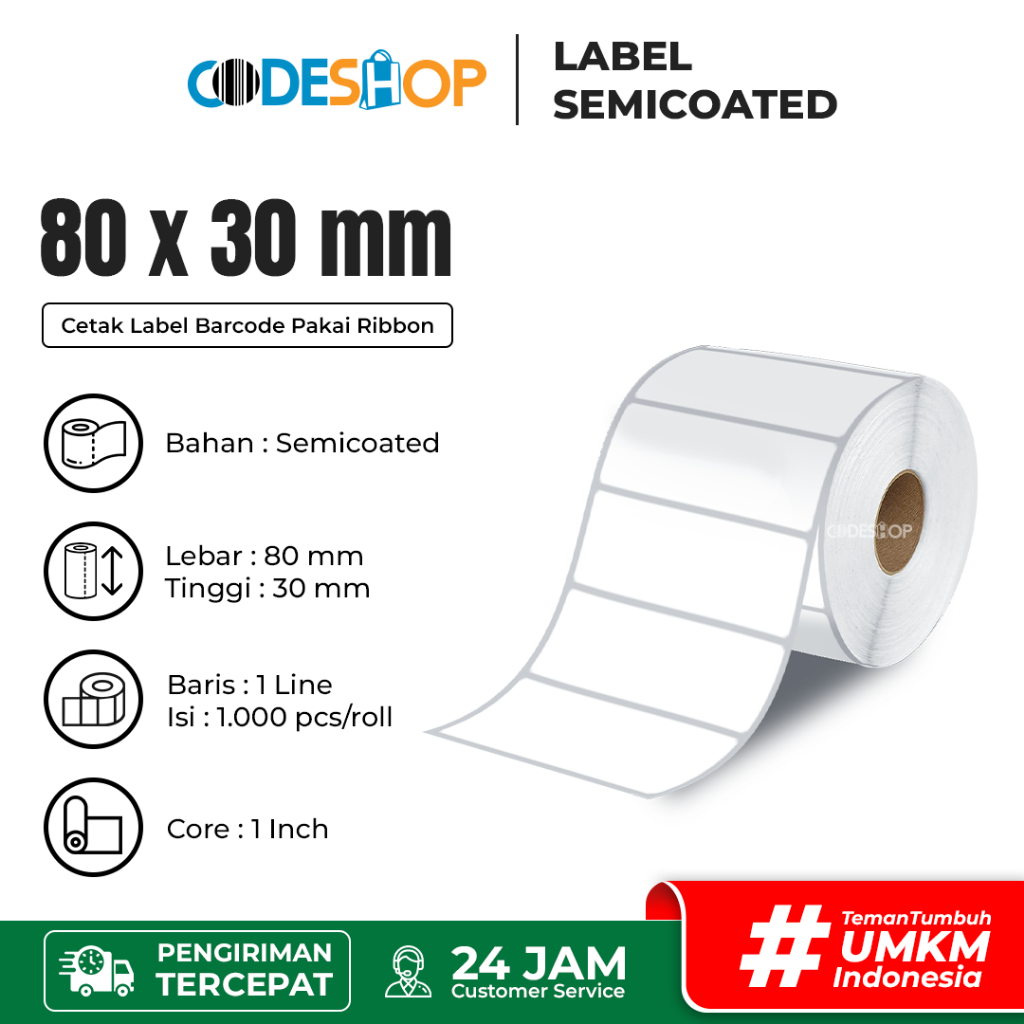 

Codeshop Stiker Label Barcode 80 x 30mm Semicoated 1 line isi 1000 pcs