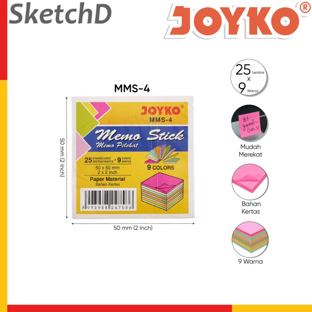 

Memo Kertas Tempel Joyko MMS-4 Sticky Notes 9 warna 225 lbr