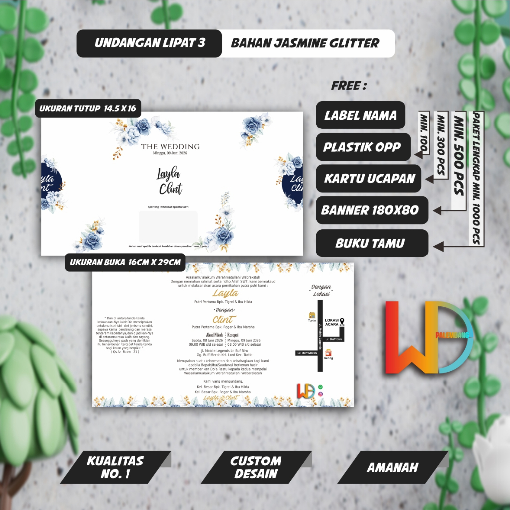 Undangan Lipat 3  Jasmine Terbaru Termurah