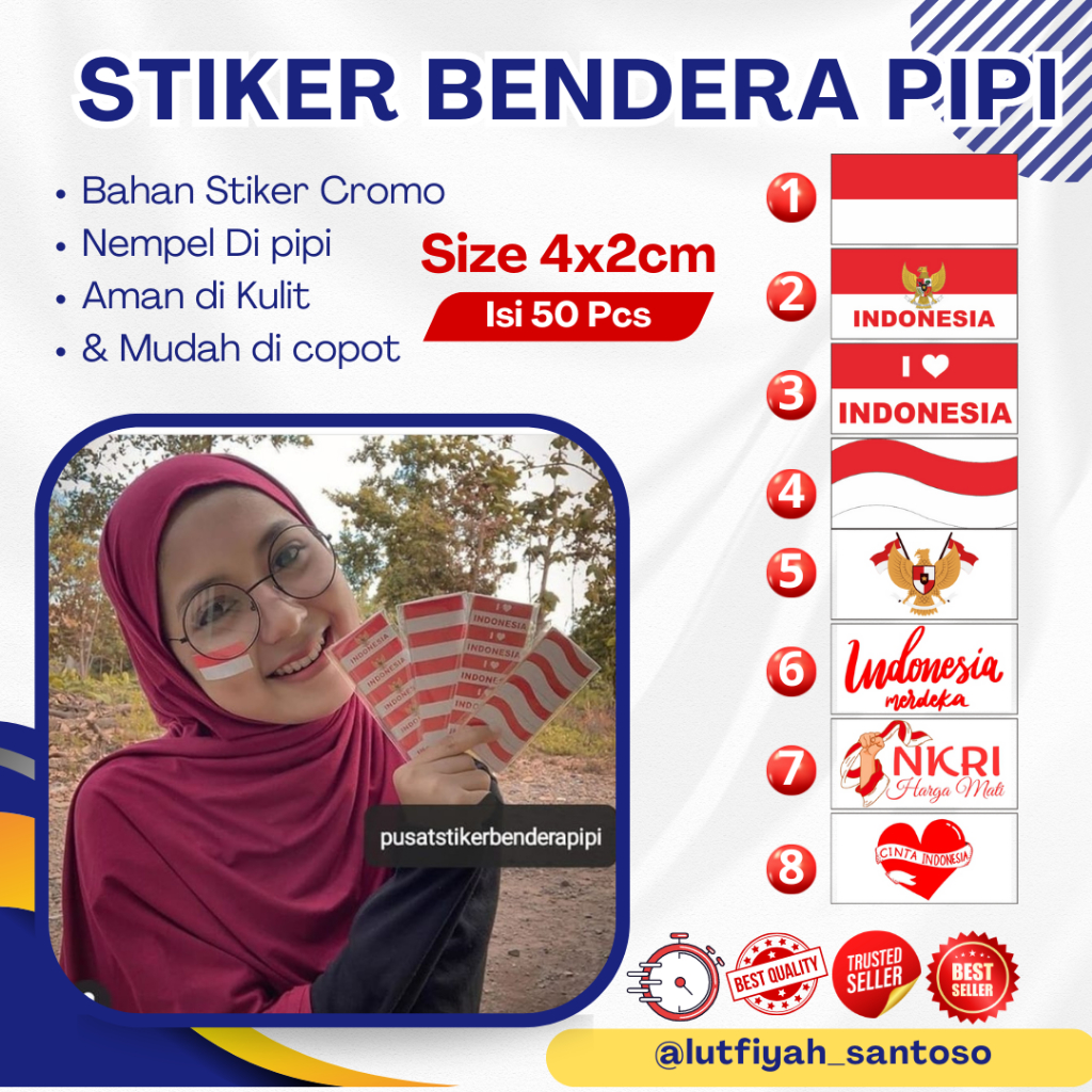 

(50 Pcs) Sticker Pipi Merah Putih - Tempelan Pipi Bendera - indonesia 17 agustus Stiker Bendera Merah Putih Stiker pipi Bahan Stiker Chromo Isi 50 pcs