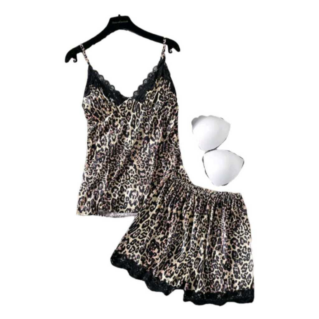 SETELAN DASTER WANITA BRA CUP IMPORT MOTIF LEOPARD MACAM PREMIUM SATIN SILK