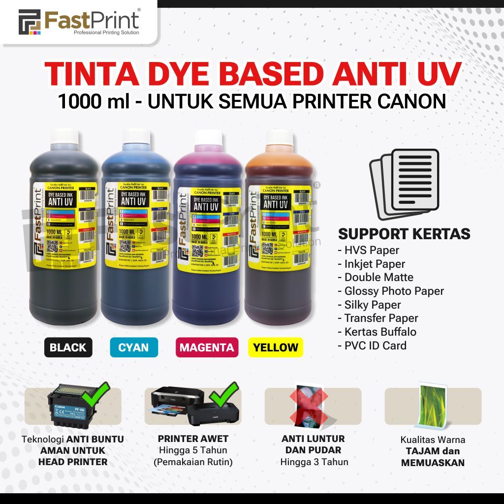 Tinta Dye Based Anti UV 1000ML Printer Canon 1 Set 4Warna