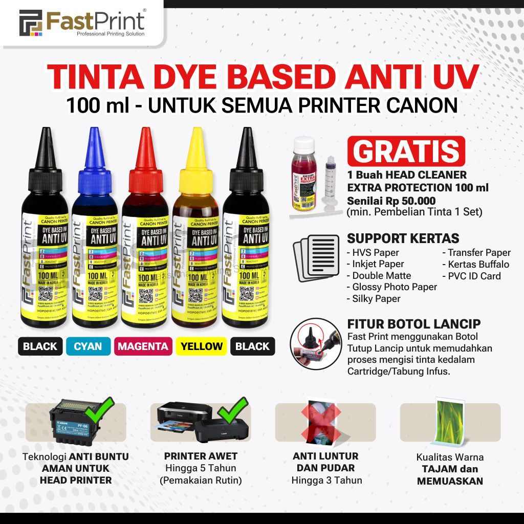 Tinta Dye Based Anti UV 100ML Printer Canon 1 Set 5Warna