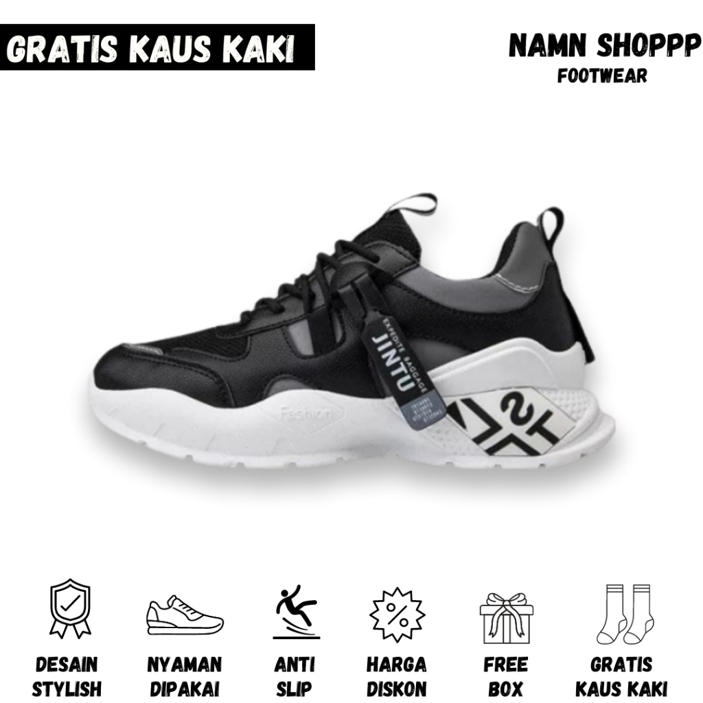 Sepatu Lari Sneakers Pria Cowok Sport Running Casual Murah Keren Hitam Putih Outdoor Tinggi Lokal