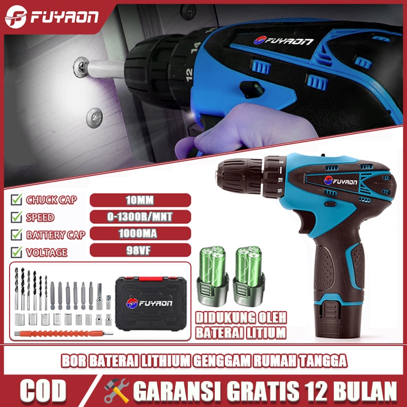 FUYAON Bor Listrik Asli 98VF Bor Baterai Genggam dengan 2 Baterai Bor Tanpa Kabel Murah Bor Impact B