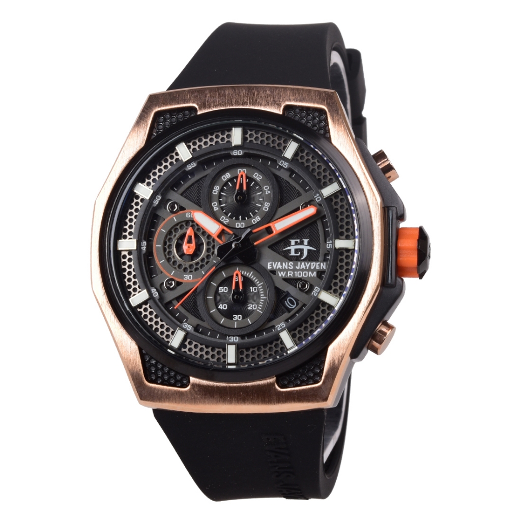 Evans Jayden EJ-9585 Jam Tangan Chronograph Pria - Rosegold Black Rubber Strap