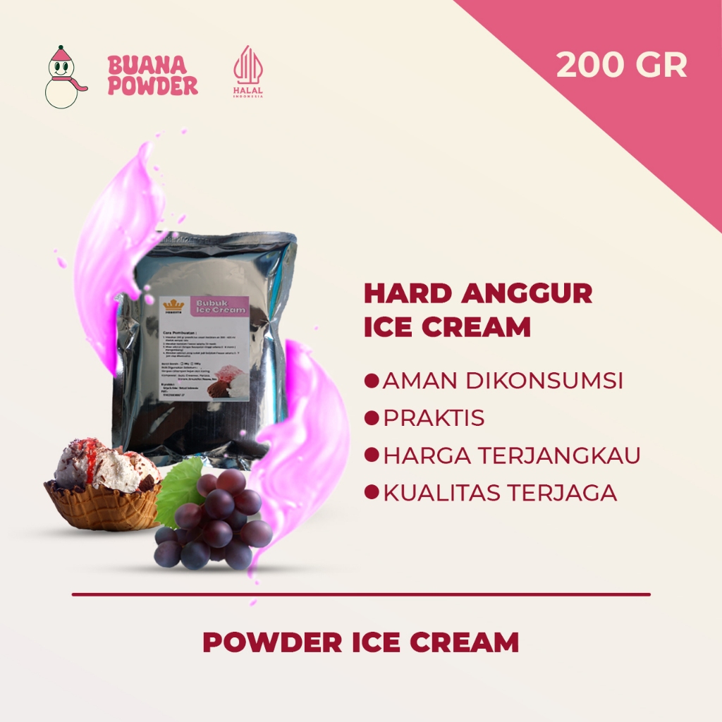 

BUANAPOWDER - BUBUK ES KRIM MURAH RASA ANGGUR 200 gr / HARD ANGGUR ICE CREAM POWDER