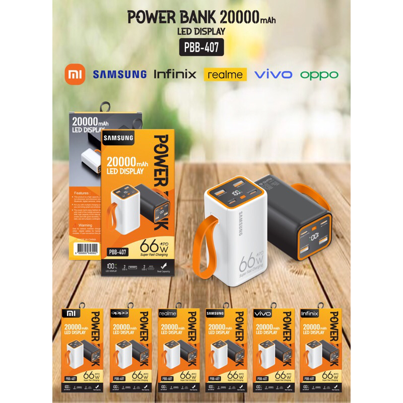 POWERBANK PBB 407 66W SUPORT FAST CHARGING TURBO VOOC POWERBANK 20000MAH