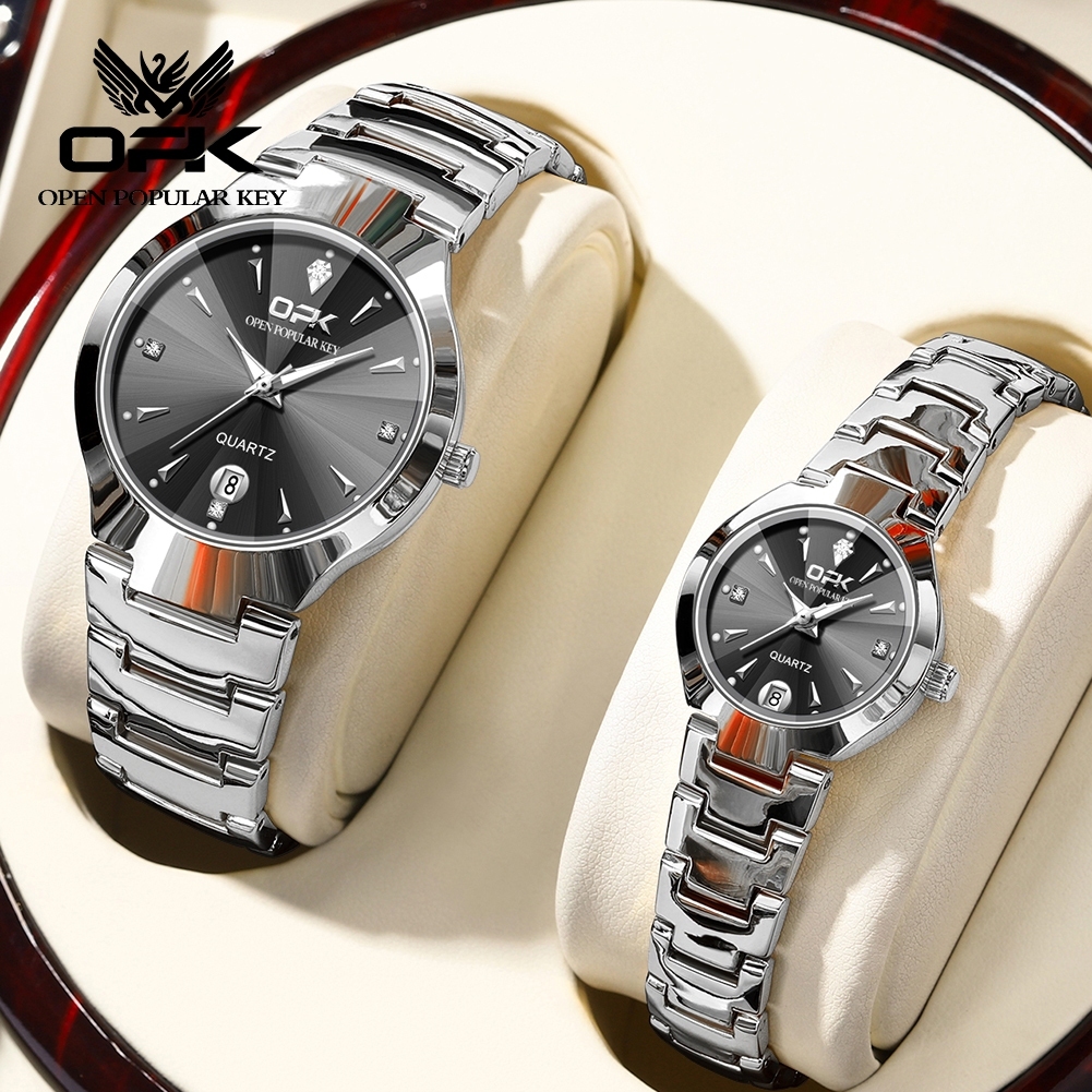 OPK Jam Tangan Couple Pasangan Anti Air Original Hitam Perak Stainless Steel Kasual Couple Watch