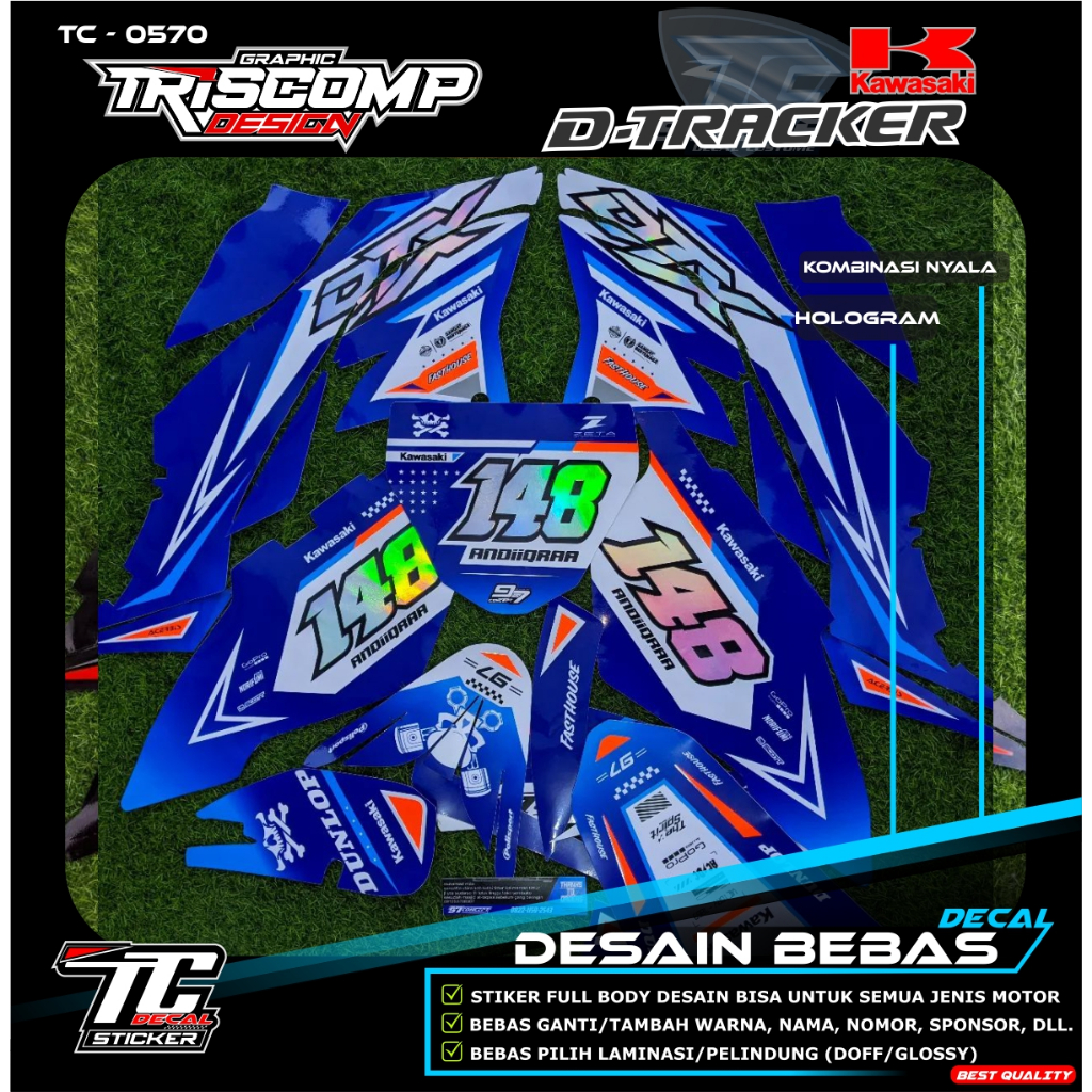 Sticker viral Decal dtracker 150 new KLX BF motif biru list hologram kombinasi nomor stiker timbul b