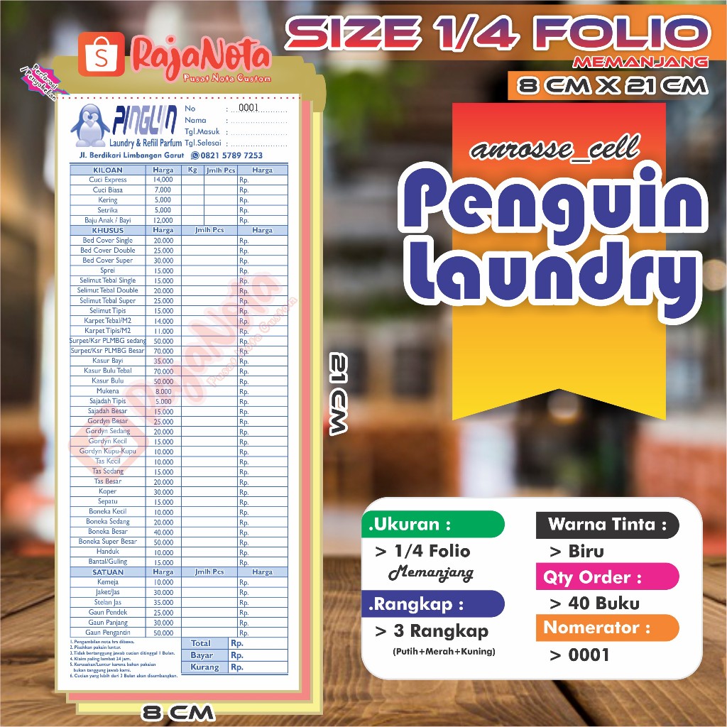 

1/4 F - Nota Custom 3 Rangkap laundry Kwitansi Gratis Desain