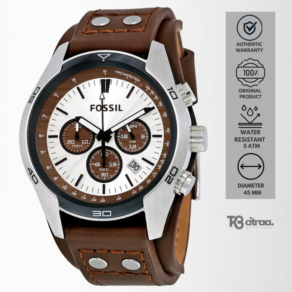 jam tangan fashion pria Fossil cowok Coachman analog strap kulit Chronograph men Silver Dial Brown L
