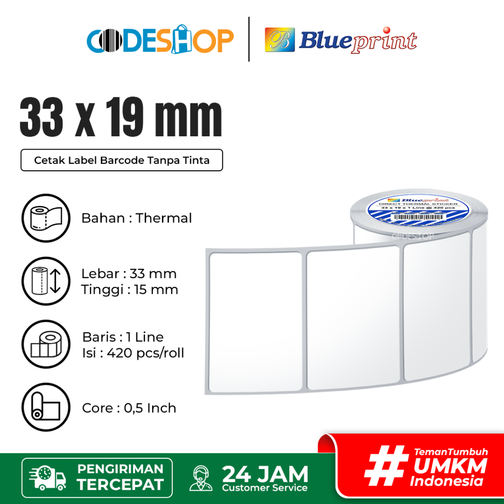 

Blueprint Stiker Label Barcode 33 x 19mm Thermal 1 line isi 495 pcs
