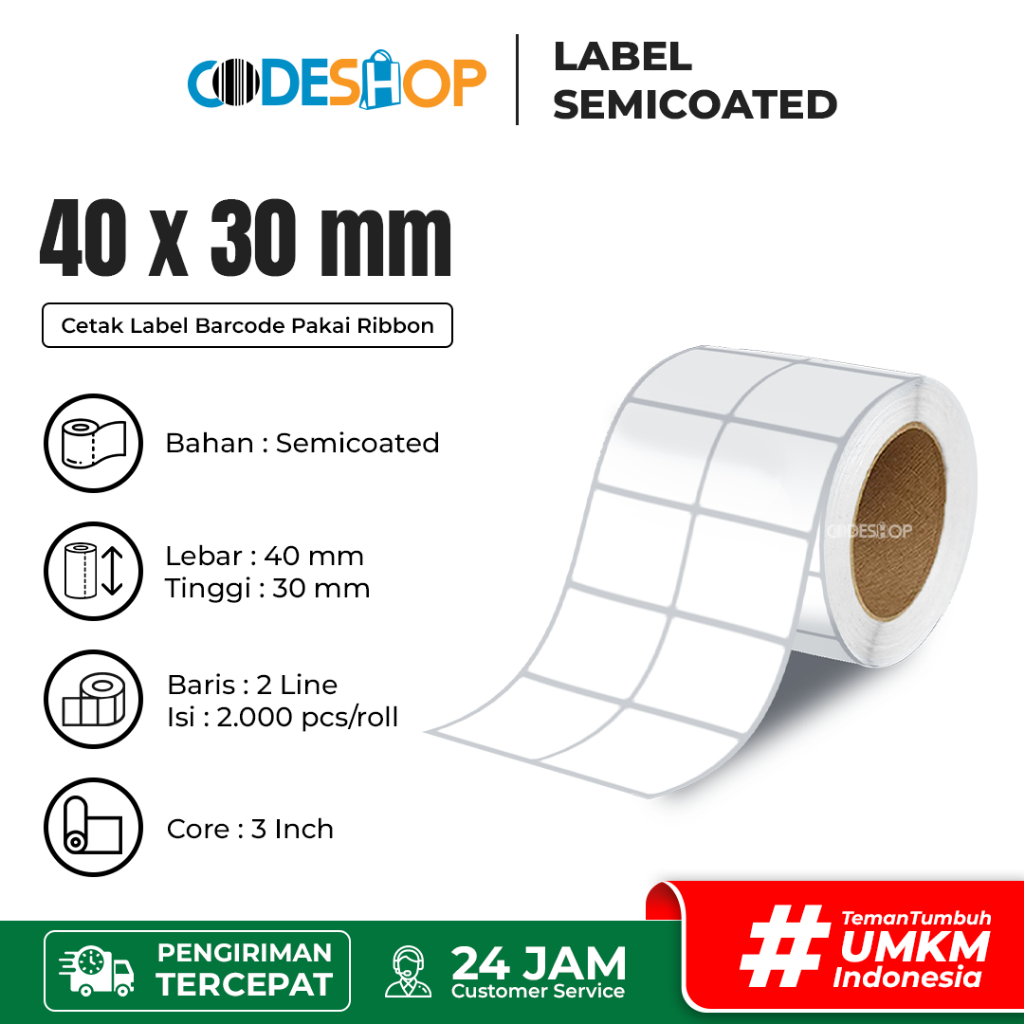 

Codeshop Stiker Label Barcode 40 x 30mm Semicoated 3 line isi 2500 pcs