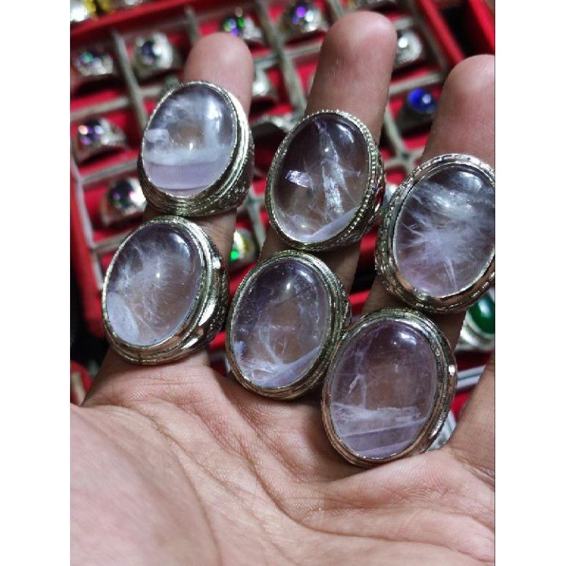 cincin batu akik kecubung serat ice kalimantan natural batu ring alpaka tanam