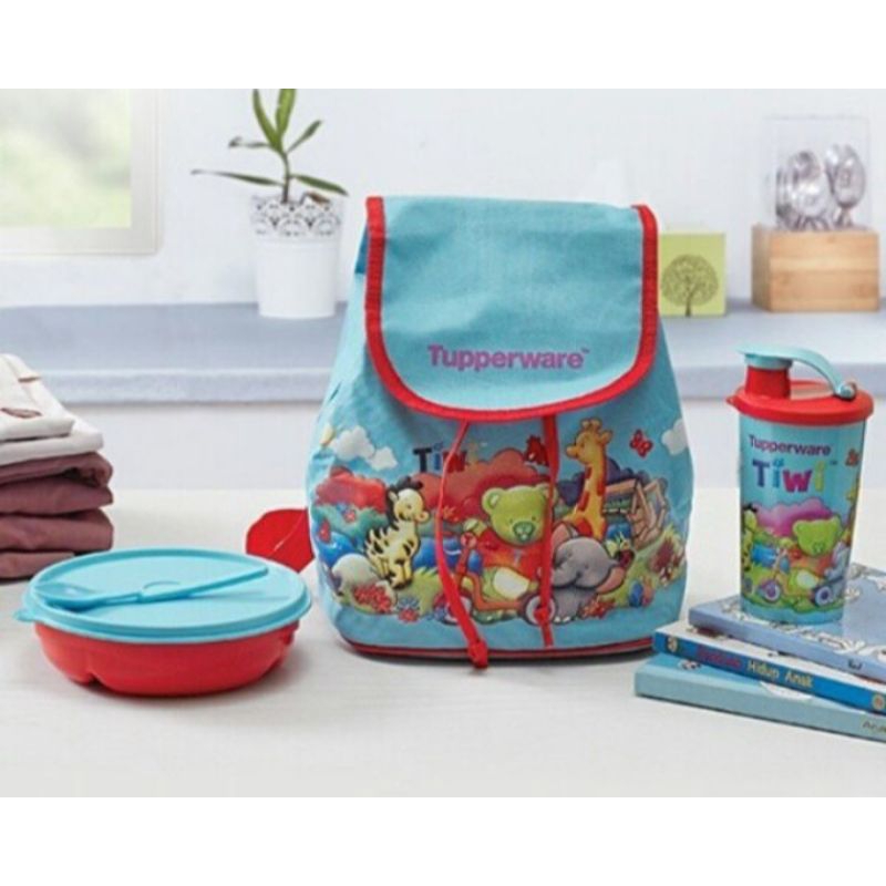 TUPPERWARE ORIGINAL TIWI N FRIENDS / KIDS LUNCH BOX SET BAG / KOTAK MAKAN SET BOTOL MINUM SENDOK FRE
