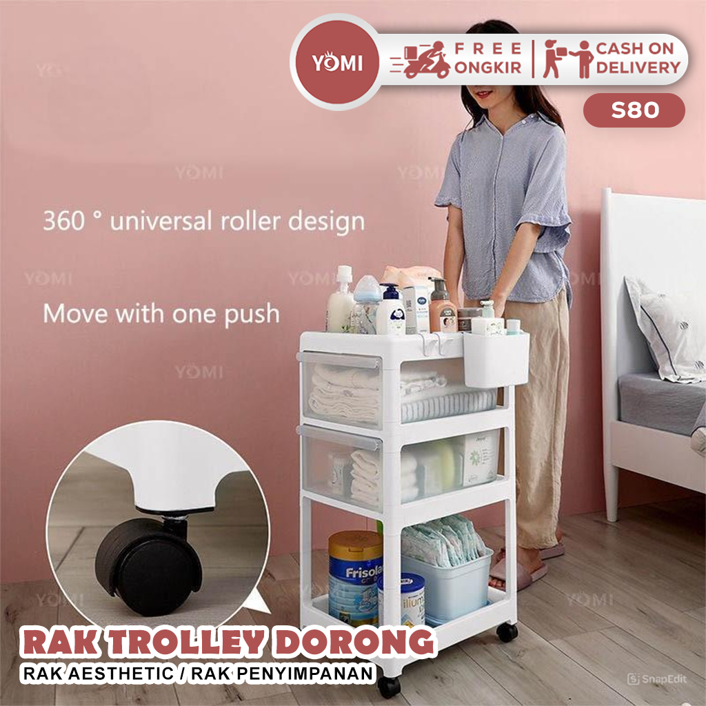 YOMI- Rak Trolley dorong S80/ Rak Aesthetic / Rak penyimpanan bayi / Laci penyimpanan / cabinet bayi