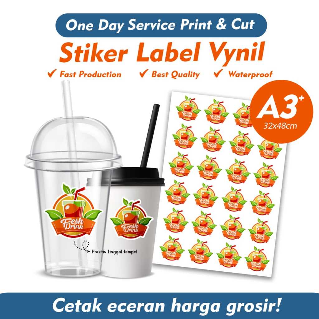 

Cutting Stiker Vynil A3 Label Kemasan Produk Olshop Stiker Produk Makanan dan Minuman Custom Print Murah