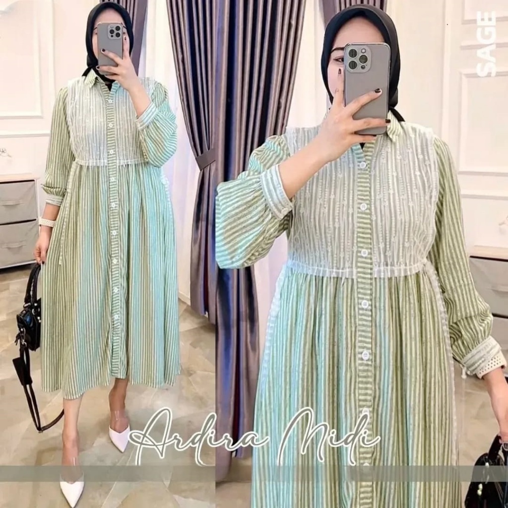 Anfaf Fashion - Ardiara Midi Dress Katun Salur Premium BUSUI FRIENDLY Fashion Muslim Terbaru Midi Dr