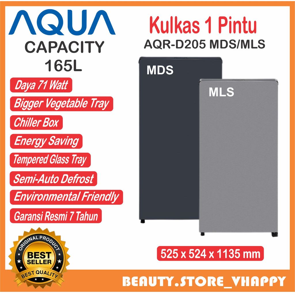 Kulkas Aqua 1 Pintu 165 liter Big Freezer AQR-D205 MDS/MLS Khusus Bandung & Luar Bandung