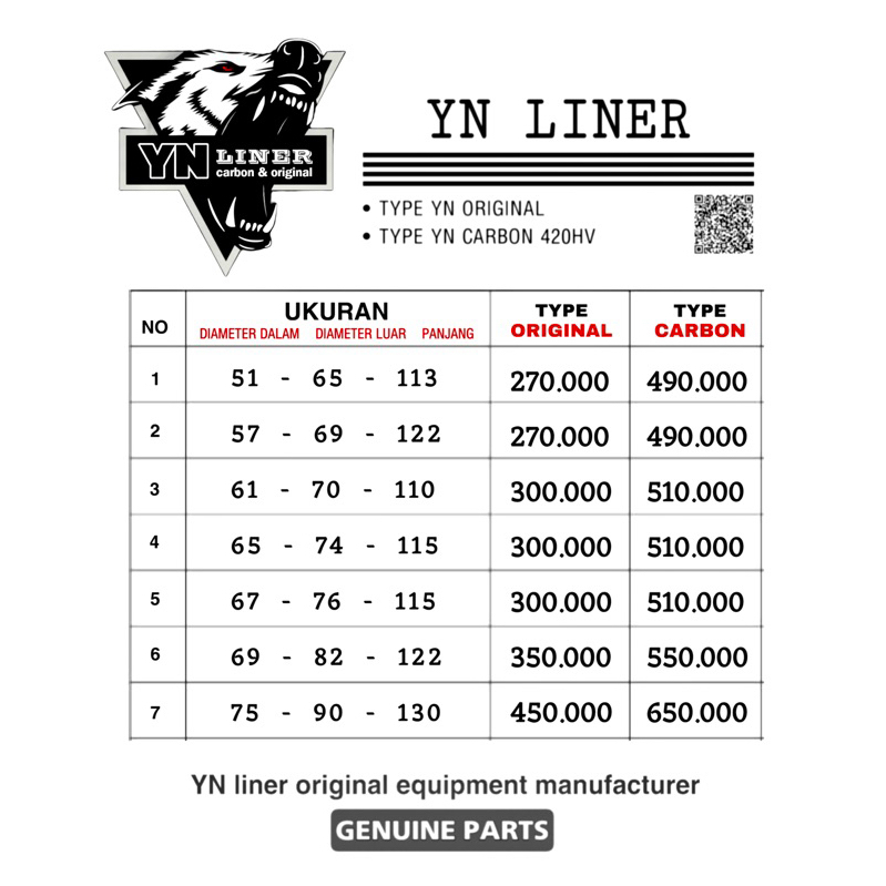 BEST SELLER liner boring original yn liner type original dan carbon 420hv